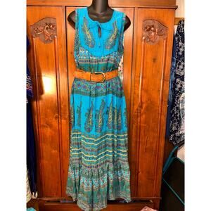 NWOT TURQUOISE SLEEVELESS BLOCK PRINT HIPPIE BOHO MAXI DRESS COTTON GAUZE